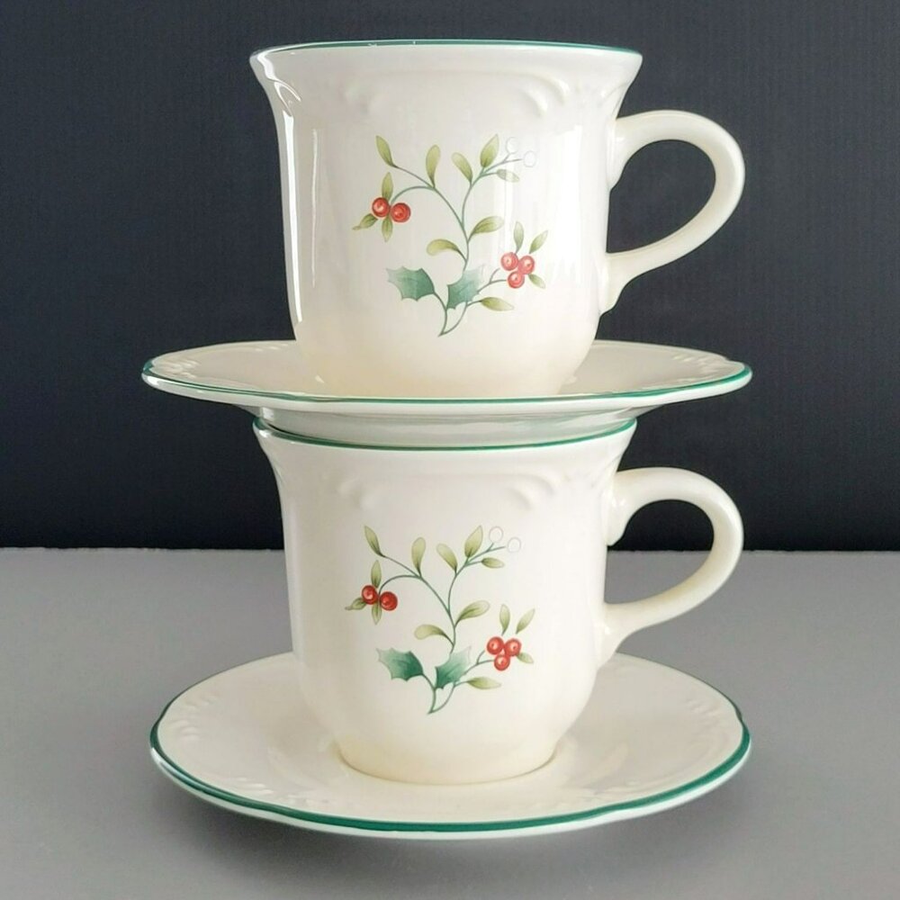 Pfaltzgraff Winterberry Cup & Saucer, 2 Sets, Winter Christmas Dishes USA Made - Picture 2 of 12